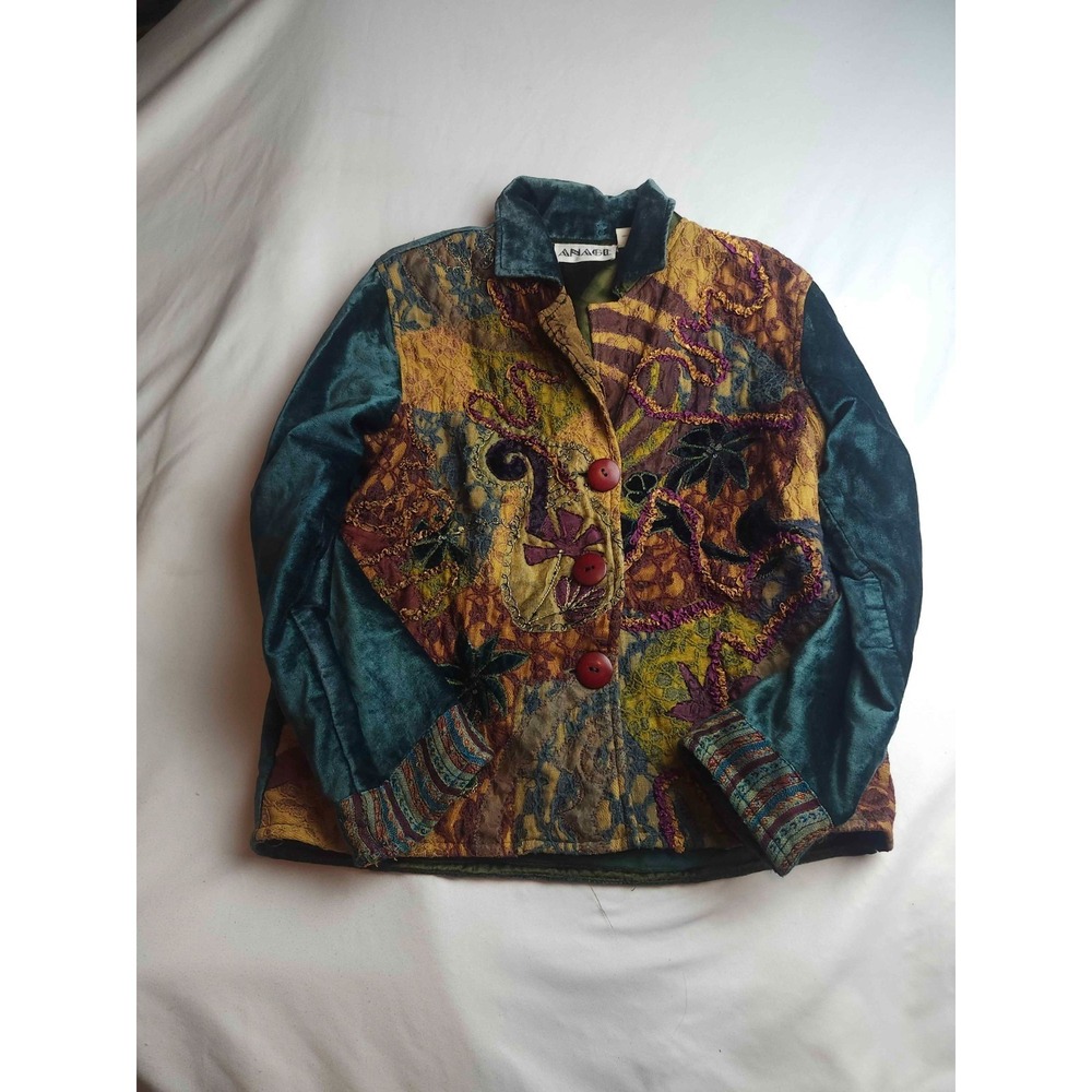 Anage Jacket Women Size XS Multicolor Bohemian Velvet Patchwork Tapestry Vintage